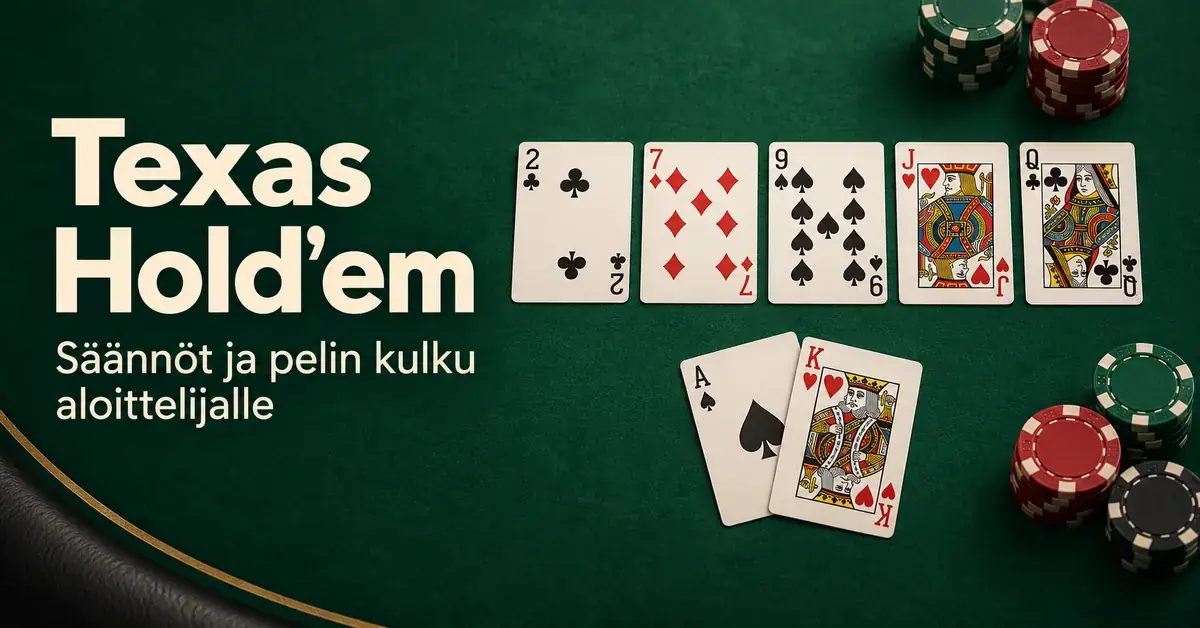 Texas Hold’emin aloittelijaoppaan kuvituksessa on viisi yhteistä korttia, kaksi taskukorttia ja pelimerkkejä vihreällä pokeripöydällä.