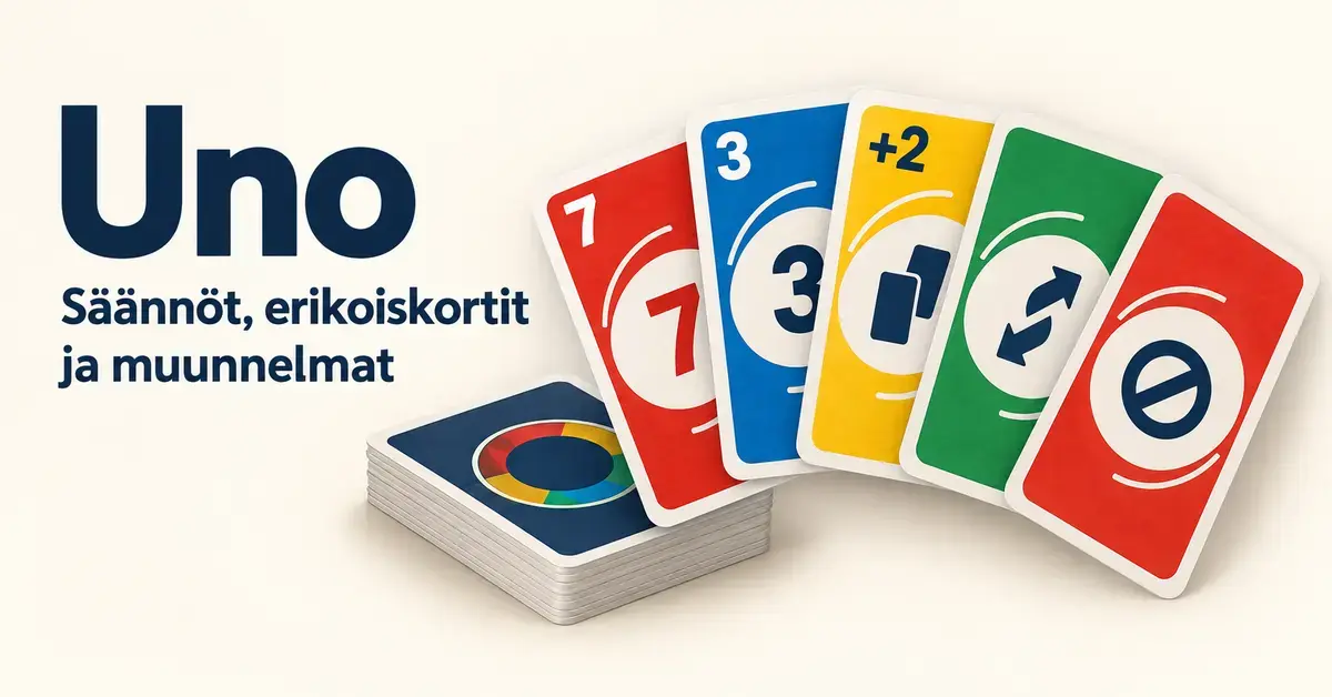 Värikkäitä numero- ja erikoiskortteja sekä korttipakka vaalealla taustalla ja teksti ”Uno – Säännöt, erikoiskortit ja muunnelmat”.