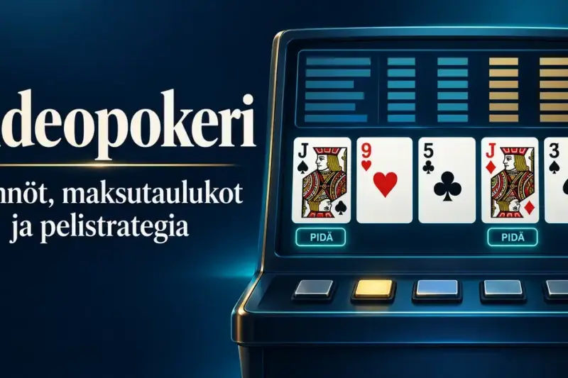 Videopokerikoneen näytöllä on viisi pelikorttia ja kaksi pidettäväksi merkittyä jätkää sekä vieressä teksti ”Videopokeri – Säännöt, maksutaulukot ja pelistrategia”.