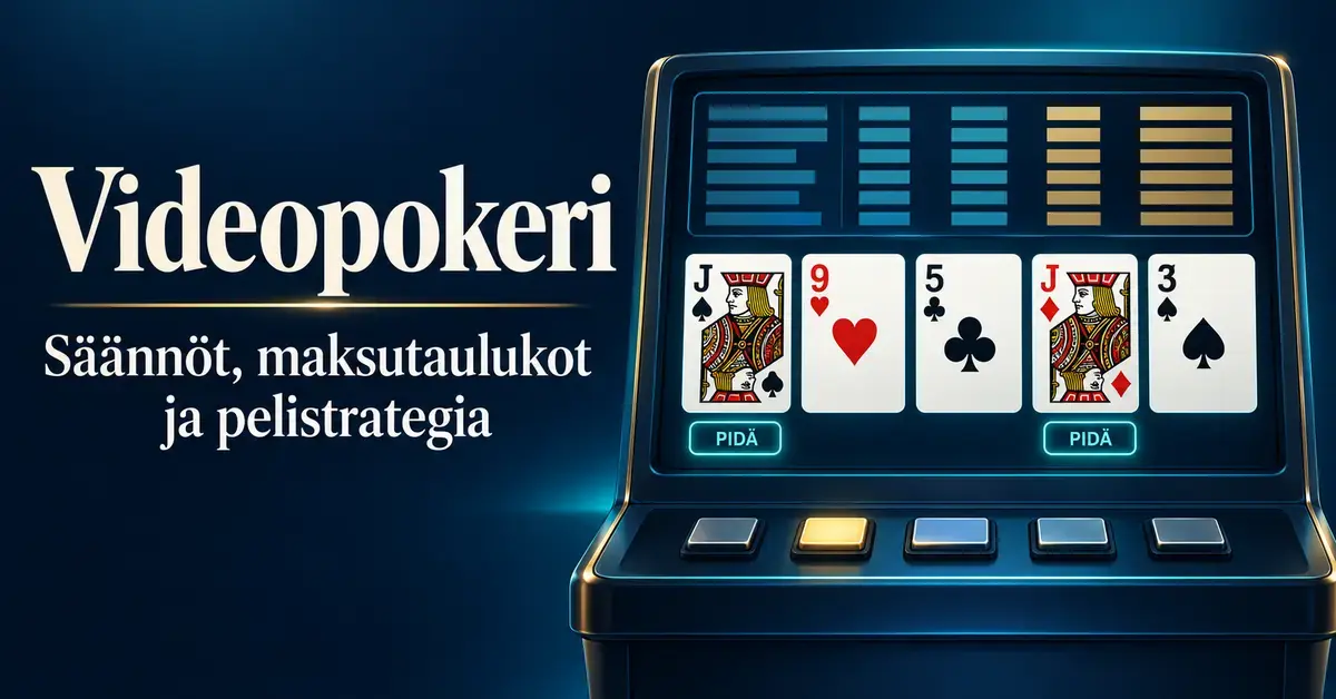 Videopokerikoneen näytöllä on viisi pelikorttia ja kaksi pidettäväksi merkittyä jätkää sekä vieressä teksti ”Videopokeri – Säännöt, maksutaulukot ja pelistrategia”.